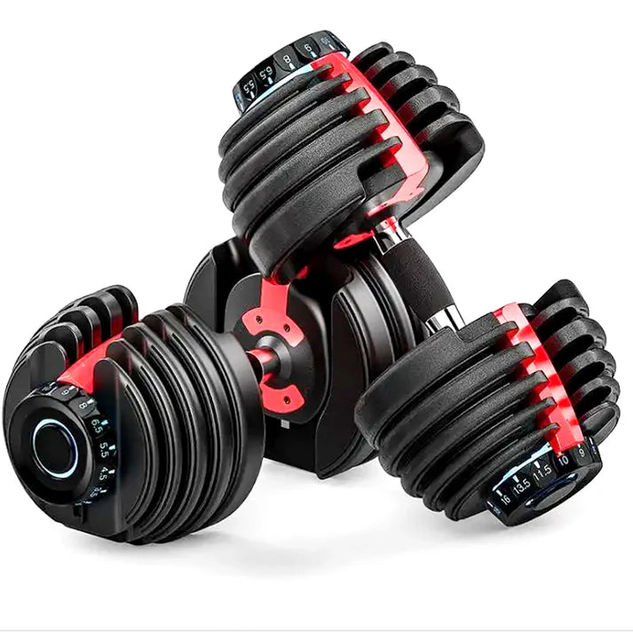 Pair of adjustable dumbbells with black and red design on a white background