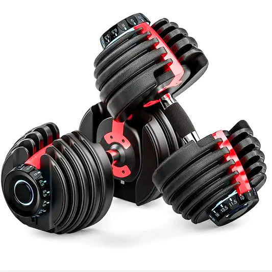 Pair of adjustable dumbbells with black and red design on a white background