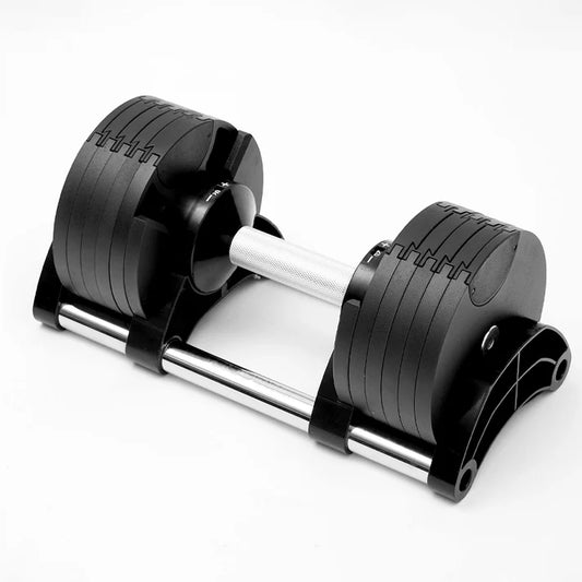 Pair of adjustable dumbbells on a white background