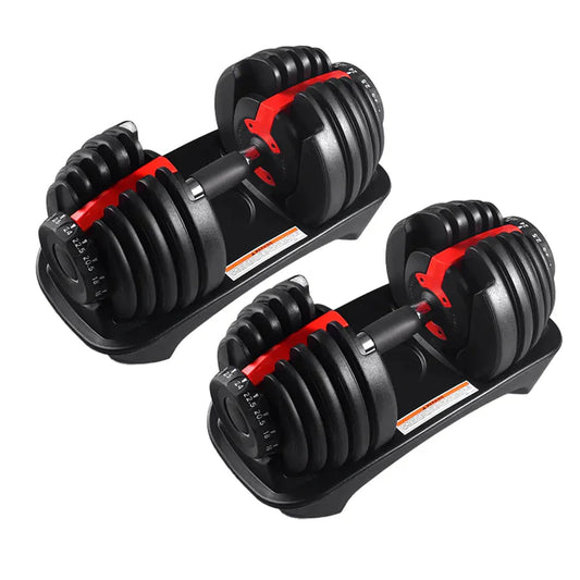 Pair of adjustable dumbbells on a white background