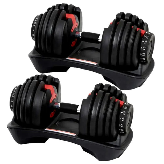Pair of adjustable dumbbells on a white background