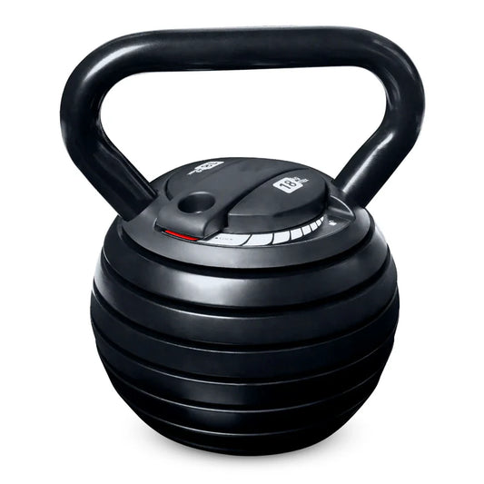Black adjustable dumbbell with weight plates on a white background