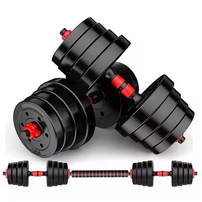 Pair of adjustable dumbbells with red accents on a white background