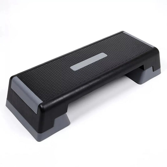Black step platform with a brand label on a white background