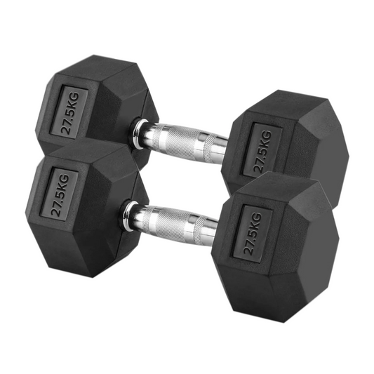 27.5kg Durable Hex Dumbbell Pair – Rubber-Coated Weights with Anti-Roll Design & Chrome Grip Handles – 2 x 27.5kg for Home Gym & Strength Training UK