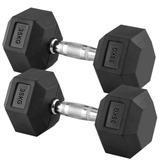 Durable Hex Dumbbell 35kg Pair – Rubber-Coated Cast Iron Weights with Anti-Roll Heads & Textured Steel Grips – 2 x 35kg for Advanced Home Strength Training