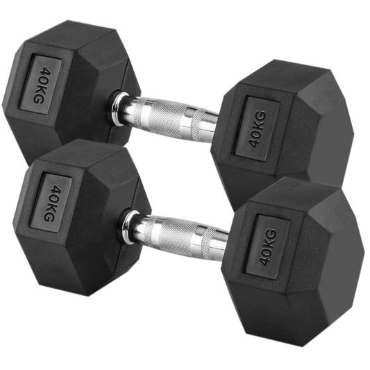 Durable Rubber-Coated 40kg Hex Dumbbell Pair – Solid Iron Weights with Hex Anti-Roll Heads & Chrome Grip – 2 x 40kg for Home Gym Strength & Muscle Training