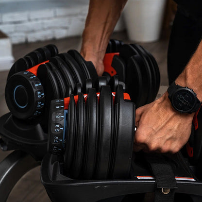 Dial‑Weight Dumbbells & Belt with Adjustable Dumbbell Stand – Space‑Saving Home Gym Rack for Strength Training in Personal Fitness Studio