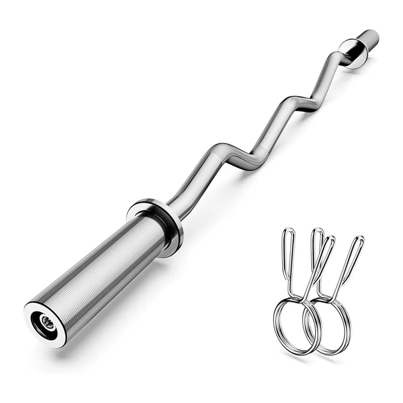 Silver curved barbell with two rings on a white background