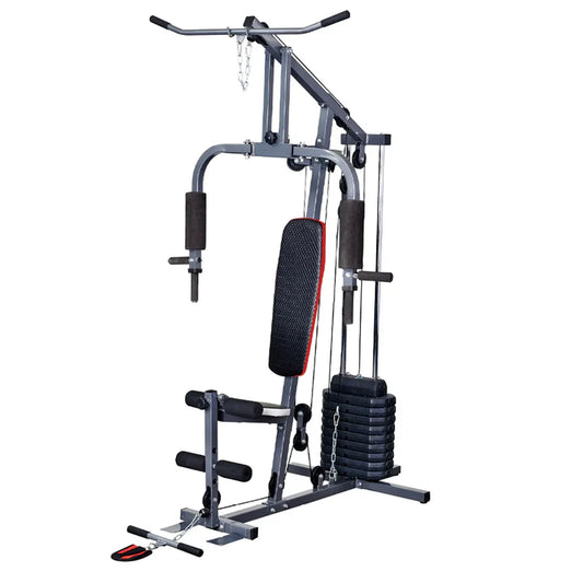 Home gym equipment with various attachments on a white background