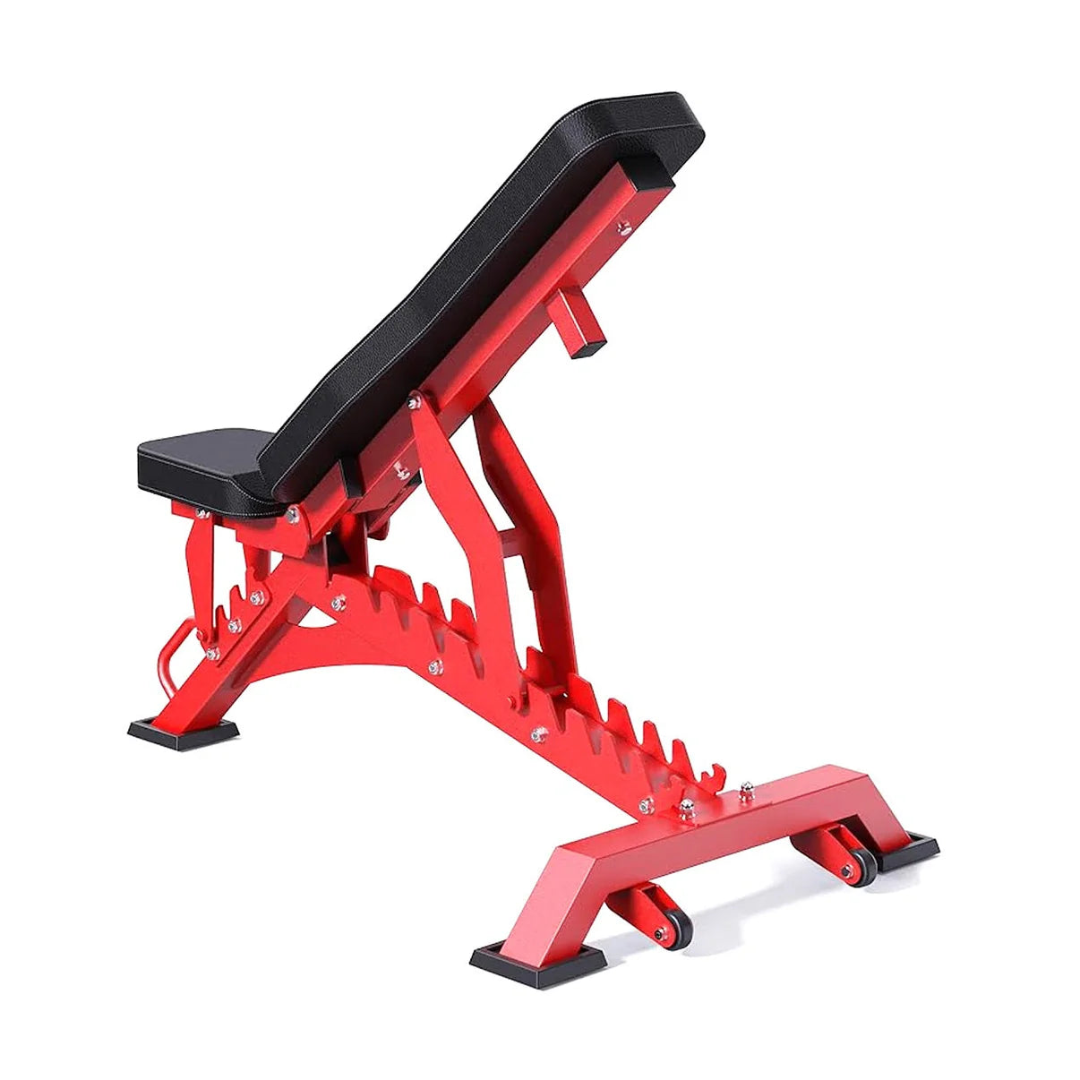 Red metal stand with a black base on a white background