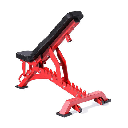 Red metal stand with a black base on a white background
