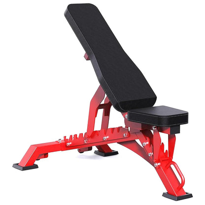 Red weight bench with black padding on a white background