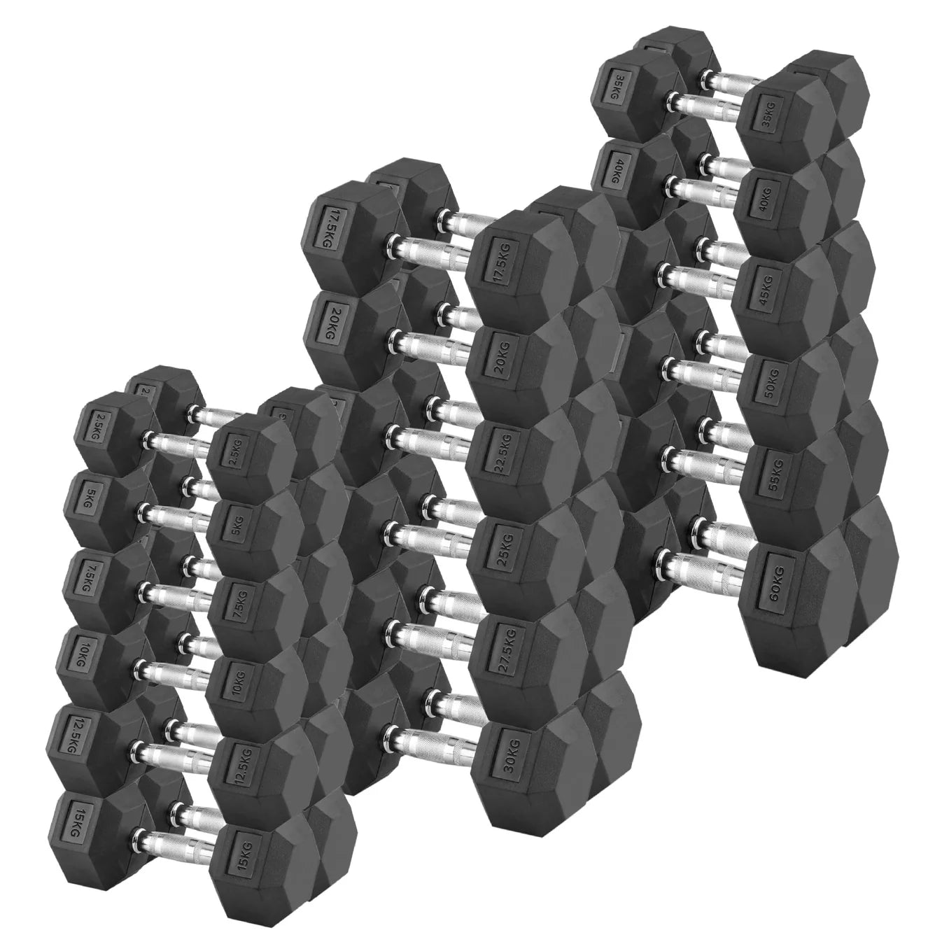 Hex Dumbbells Pairs & Sets (2.5kg–60kg) – Rubber-Coated, Anti-Roll, Steel Knurled Grip – Strength Training Weights for Home Gym or Studio