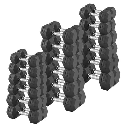 Hex Dumbbells Pairs & Sets (2.5kg–60kg) – Rubber-Coated, Anti-Roll, Steel Knurled Grip – Strength Training Weights for Home Gym or Studio