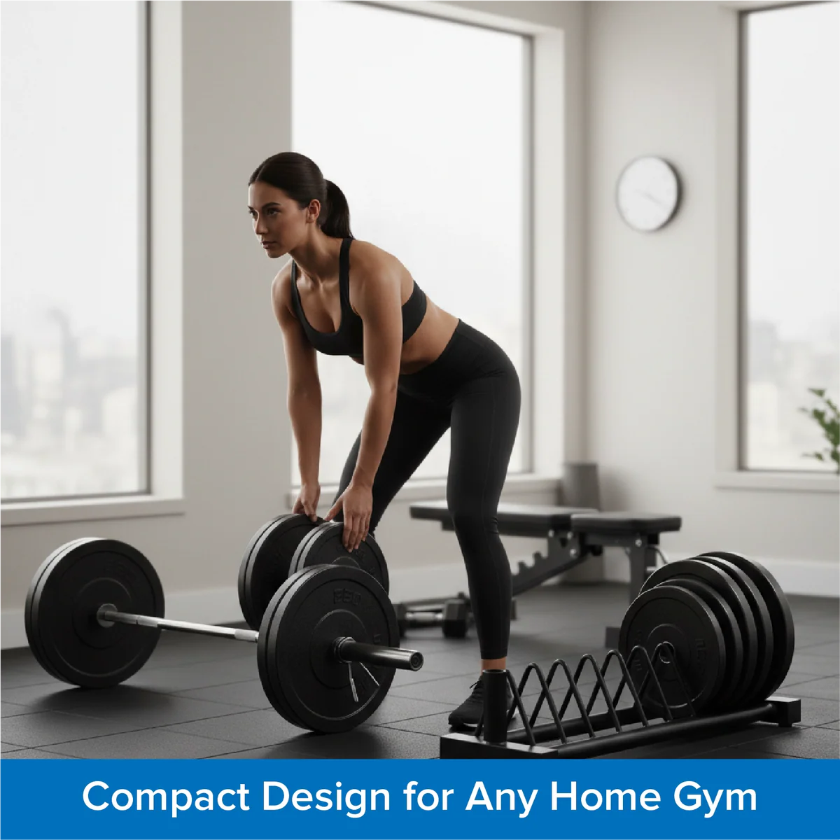 Woman lifting weights in a home gym with text 'Compact Design for Any Home Gym'.