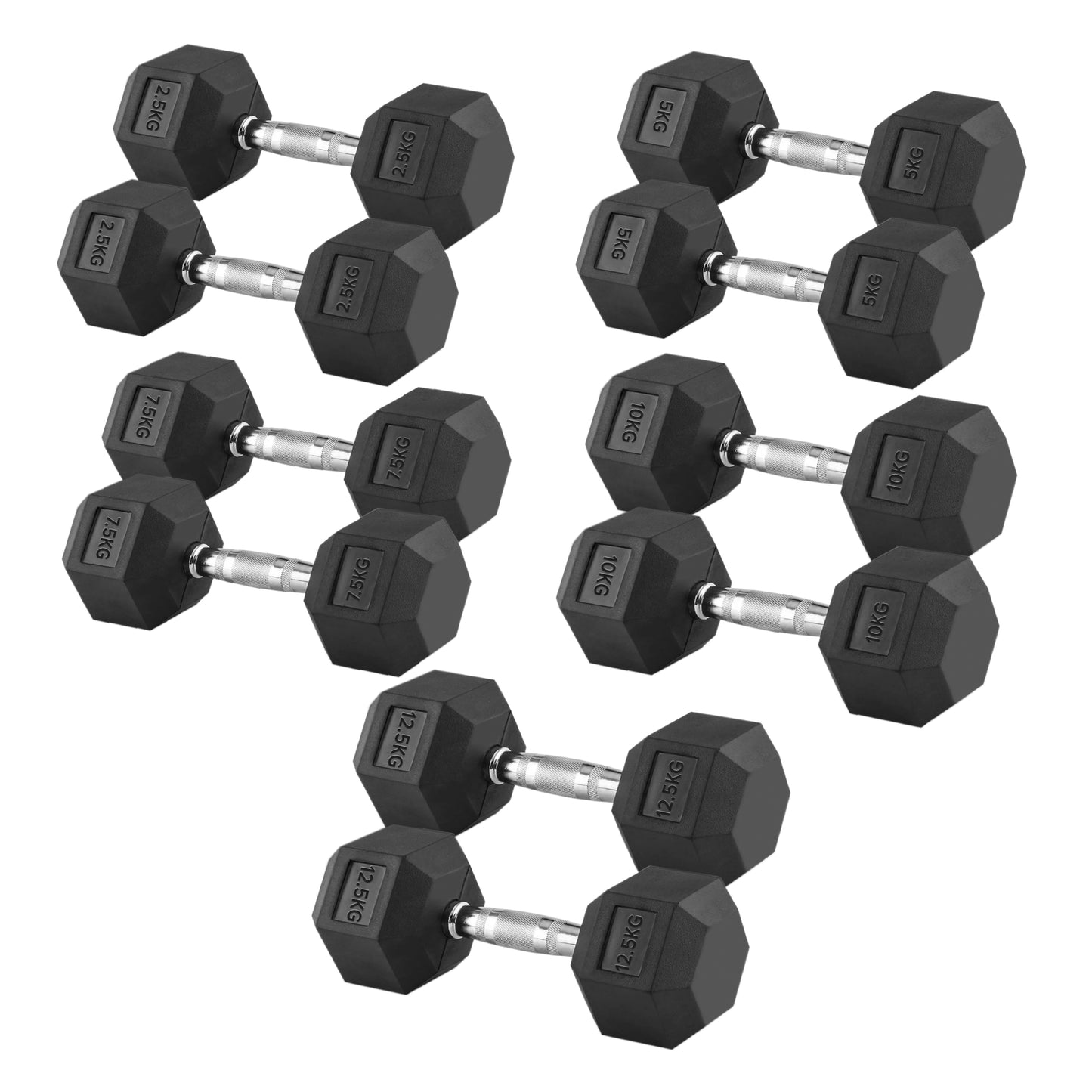 Rubber-Coated Hex Dumbbell Set 2.5kg–25kg 5 Pairs with Optional 5-Tier Rack Anti-Roll Cast Iron Weights for Home Gyms and PT Studios Space-Saving Storage