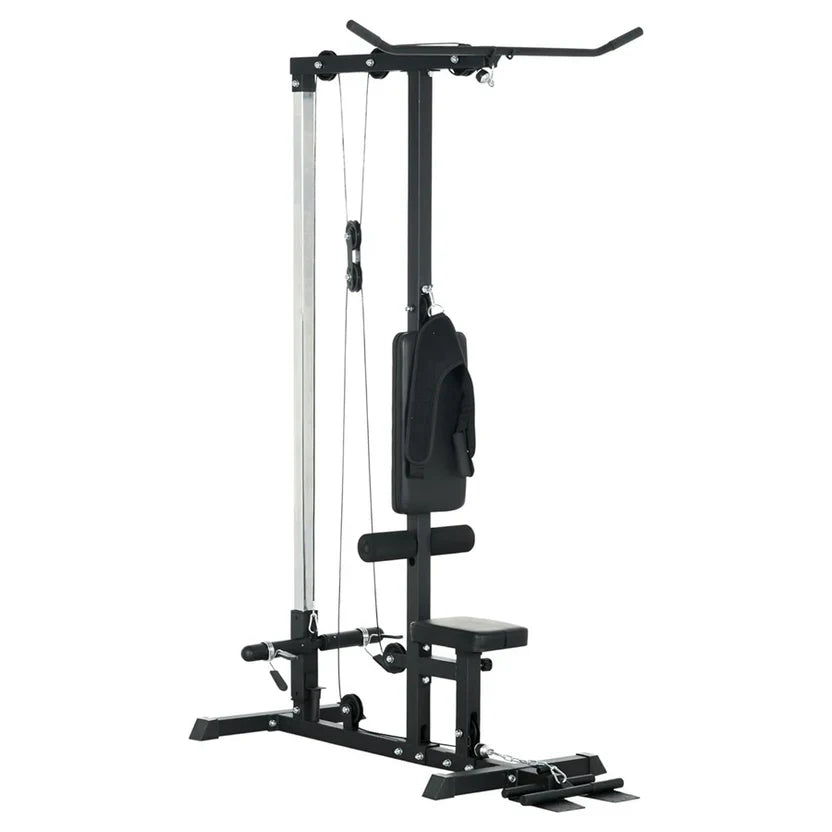 Black cable machine gym equipment on a white background