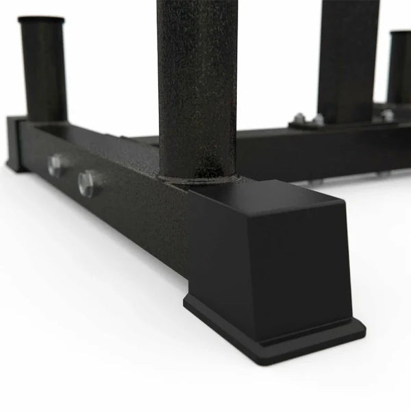 Black metal stand with multiple posts on a white background