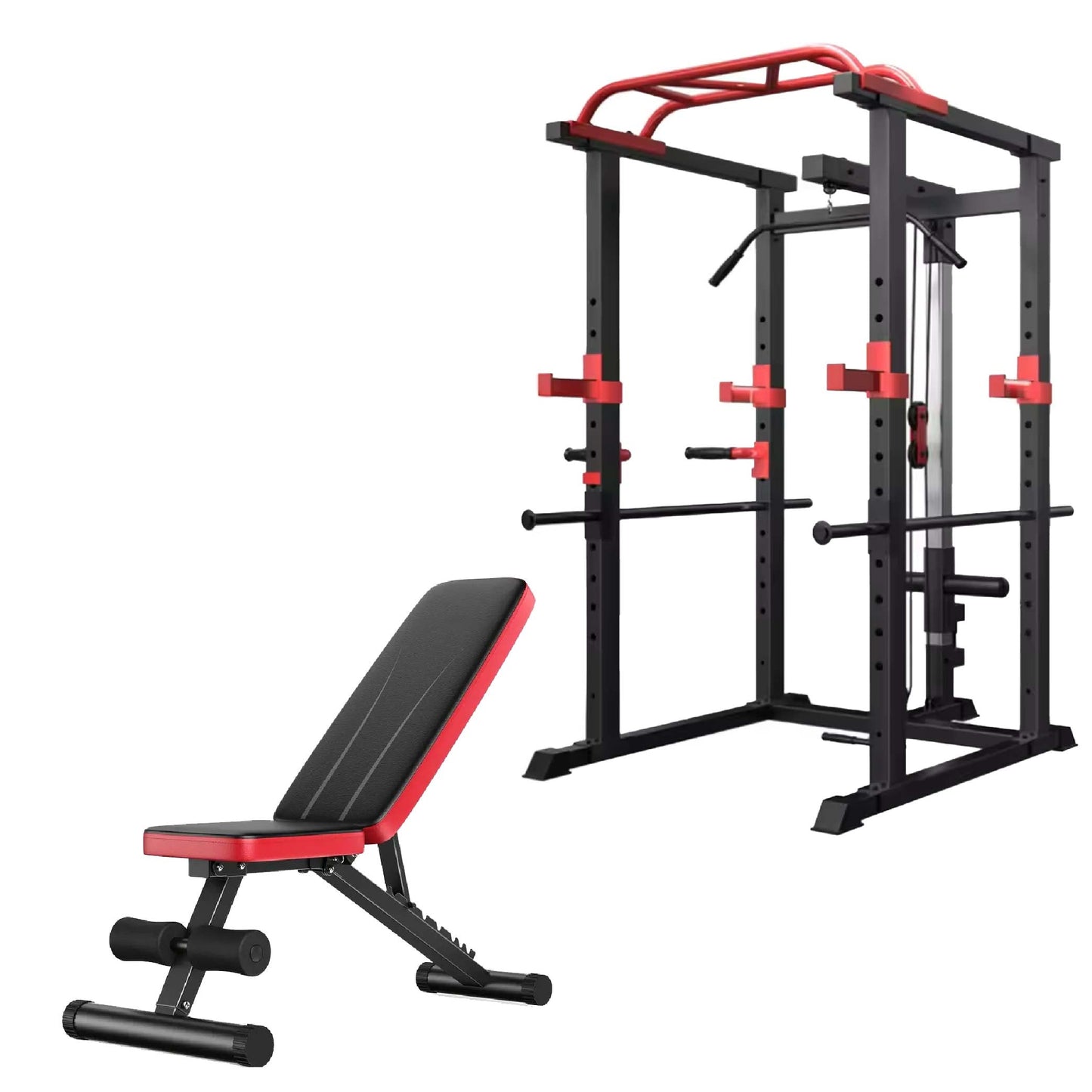Adjustable Steel Power Cage with Cable Pulley System, Multi-Grip Pull-Up & Dip Bar – Heavy Duty Home Gym Rack