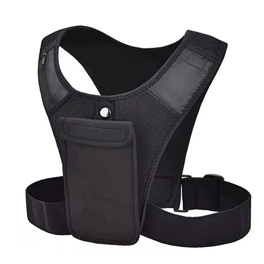 Black tactical vest with a pocket on a white background