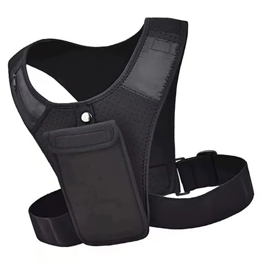 Black tactical vest with a pocket on a white background