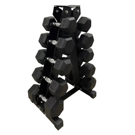 5 Tier Hex Dumbbell Set 5–17.5kg with Rubber-Coated Weights & Compact Storage Rack
