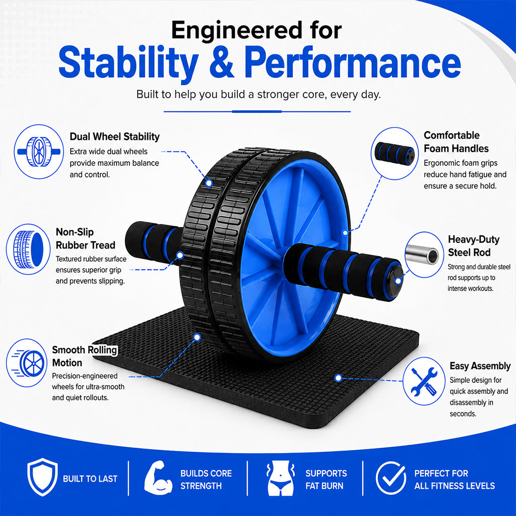 Double‑Wheel Ab Roller & Mat with Non‑Slip Foam Handles & Extra‑Thick Knee Pad – Dual‑Wheel Core Strength Trainer for Home Gym Workouts