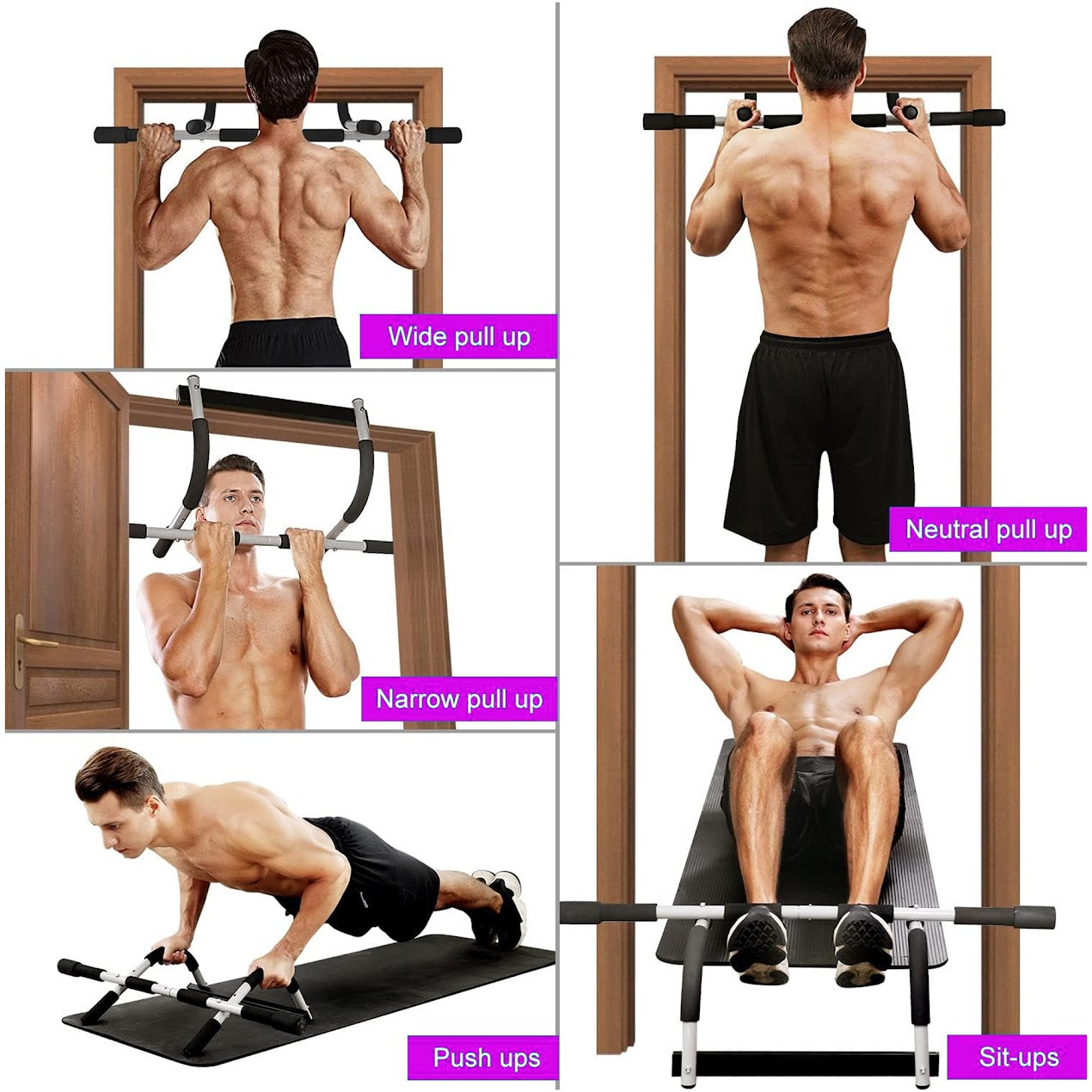 Foldable Upper Body Trainer | Doorway Pull Up Bar with Multi Grip Handles | No Screws or Drilling | Fits 61–81 cm Frames – Black & Grey