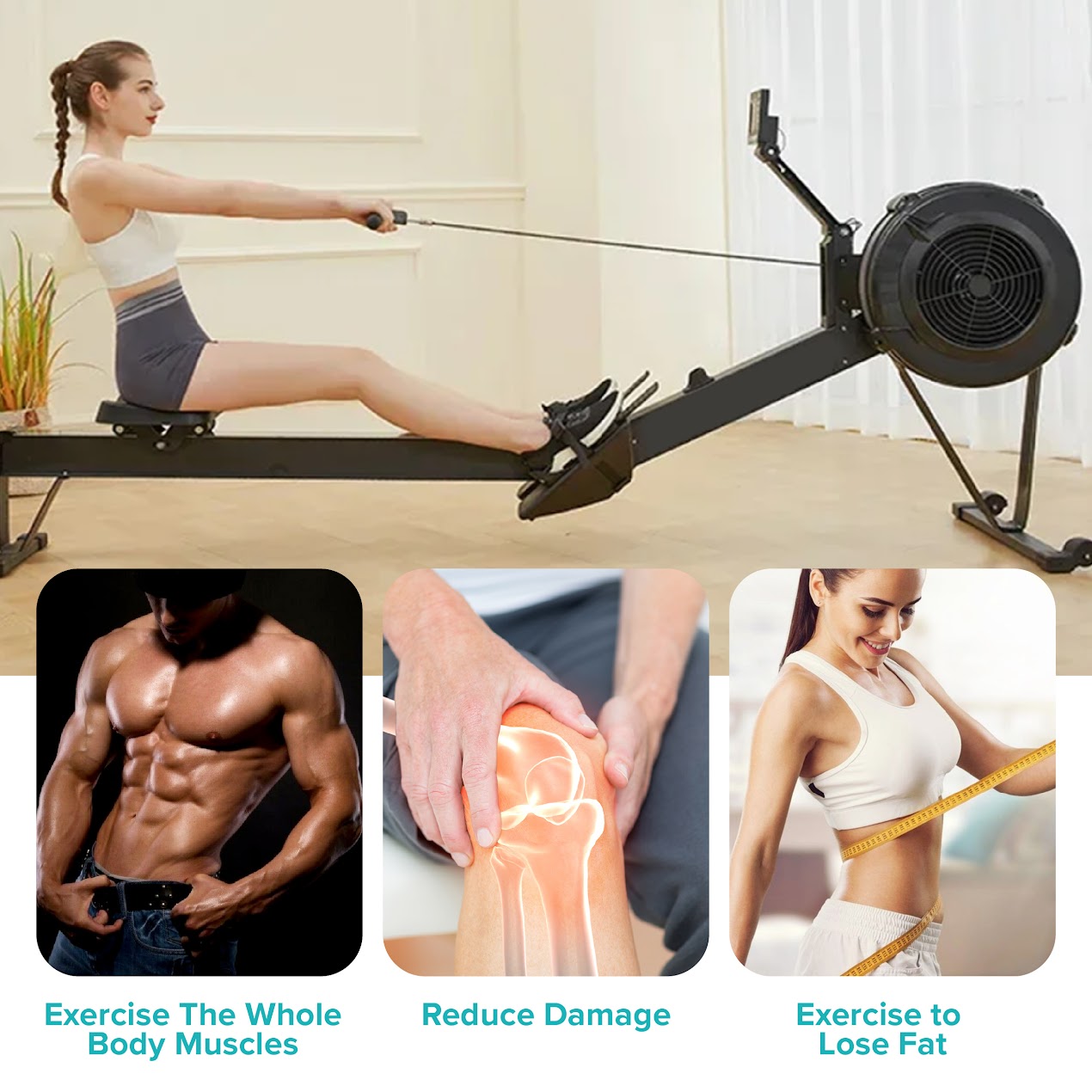 Silent Air Rowing Machine – 10-Level Resistance Rower with Foldable Frame, Smart Monitor & Comfort Seat for Home Fitness
