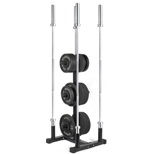 3-Tier Olympic Weight Plate Rack with Barbell Holder – Heavy-Duty Steel Weight Tree | 200kg Capacity | Compact Black Powder-Coated Home Gym Stand